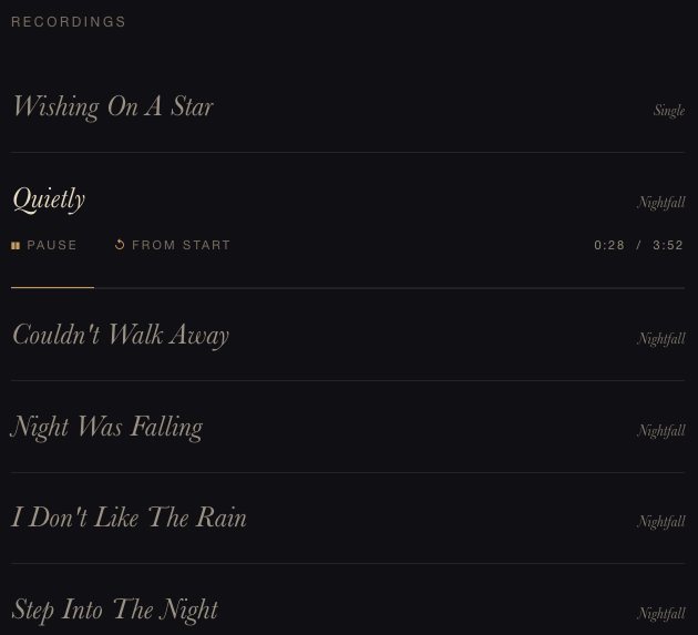 Recordings - inline player: Wishing On A Star (Single, active) and five tracks from Nightfall