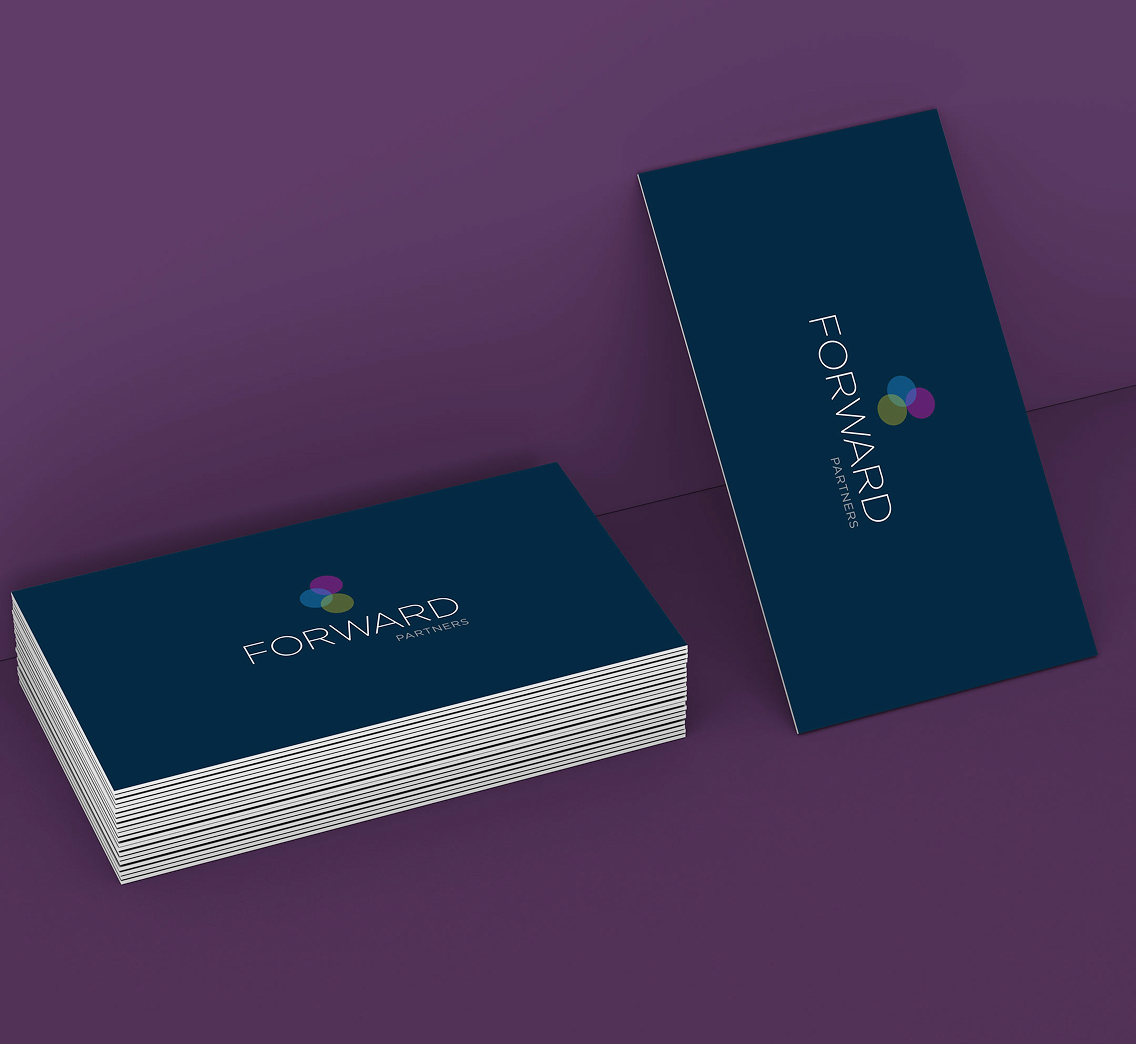 Forward Partners business cards - mono mark and wordmark on navy stock
