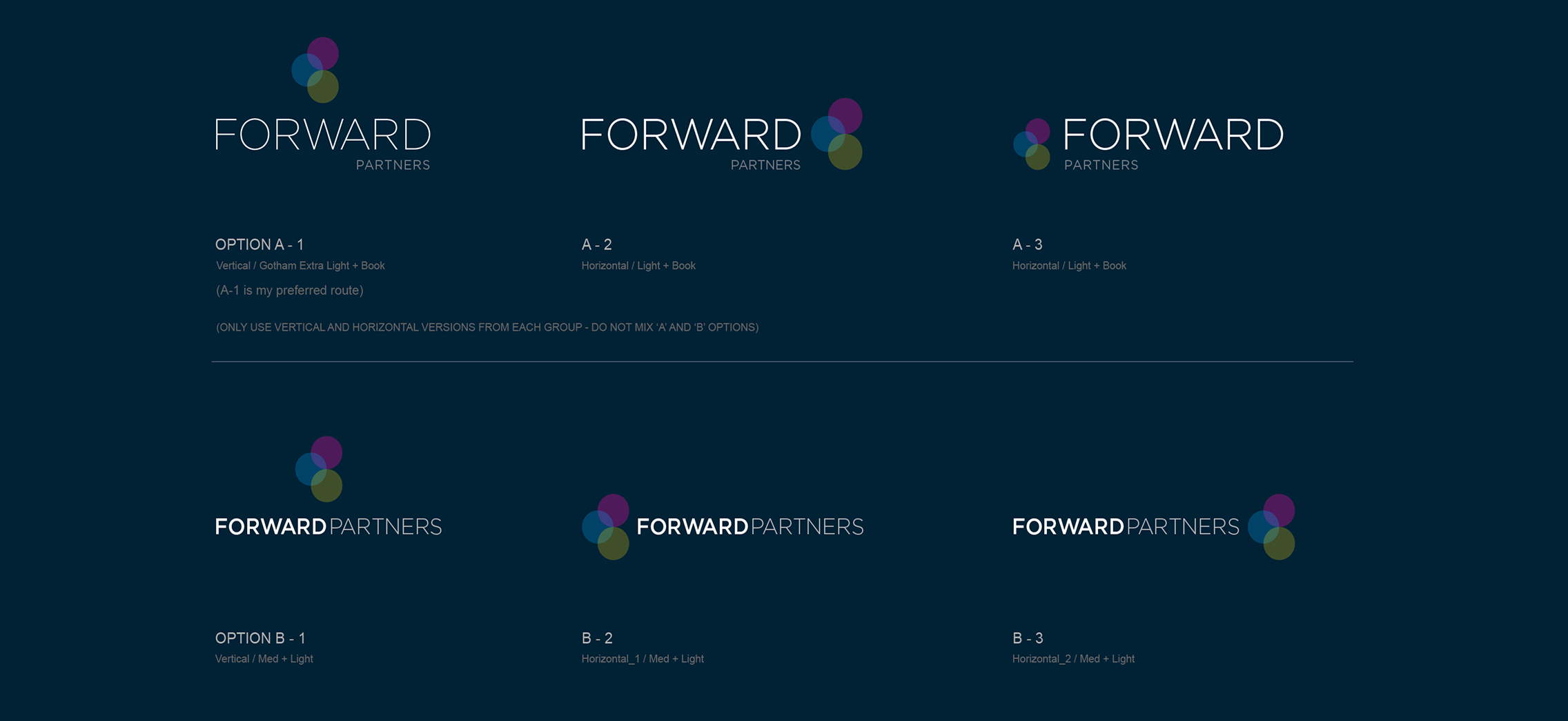 Forward Partners wordmark lockup options - vertical and horizontal, Extra Light and Book weights
