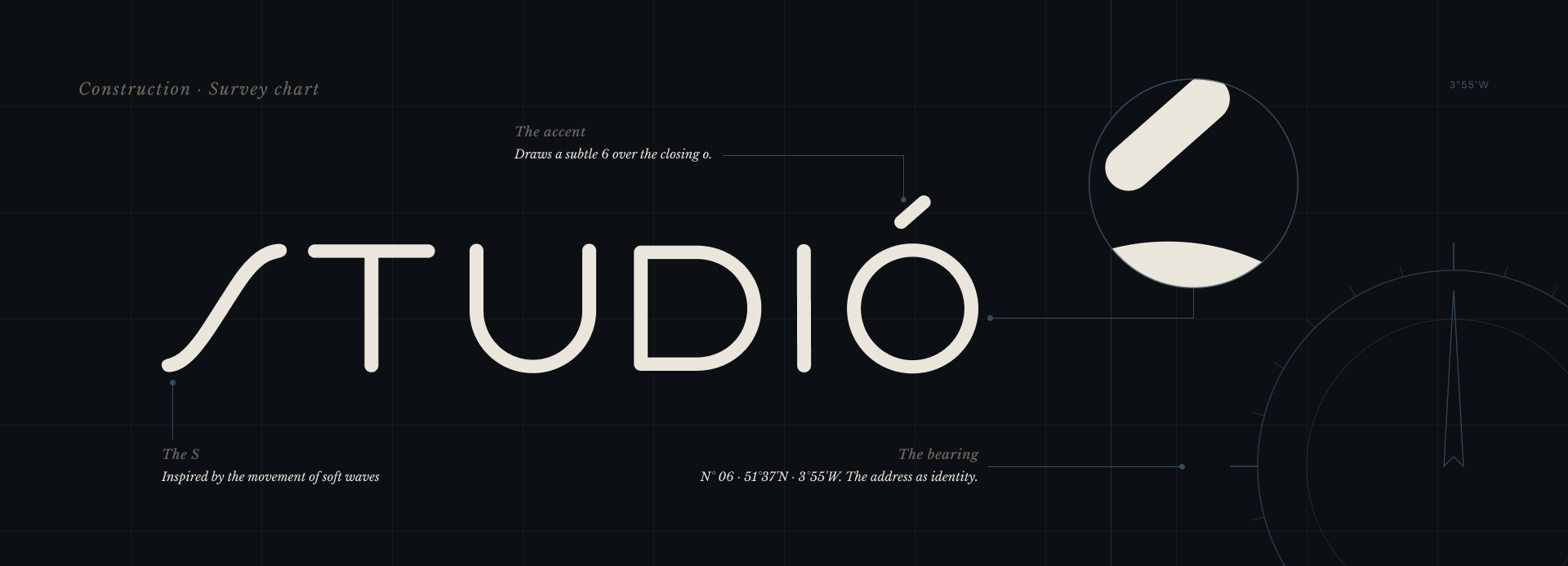 Studio Six logo construction: the S drawn from the movement of soft waves, the accent drawing a subtle six over the closing o, and the bearing