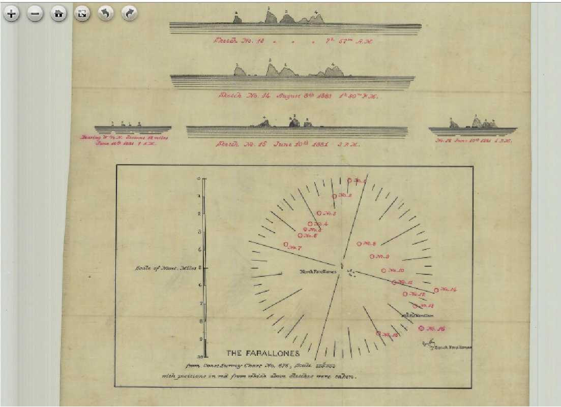 Coast Survey navigational diagram - vessel profiles above a compass rose of plotted bearings