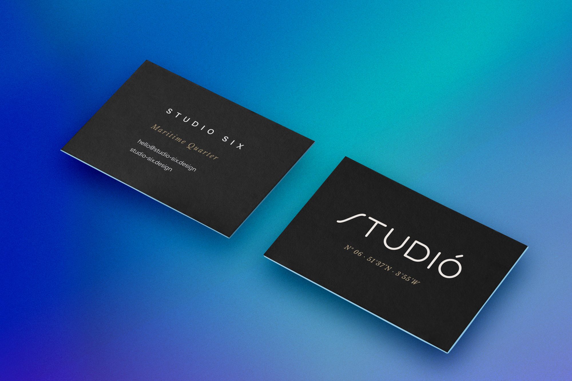 Studio Six business cards, the mark and bearing printed on card