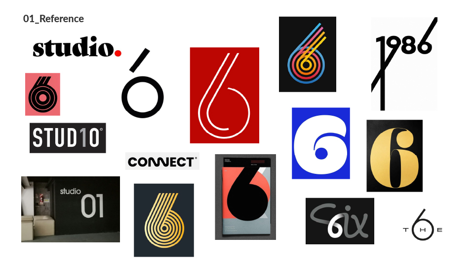 Process board 01 - reference wall of six-marks and studio treatments