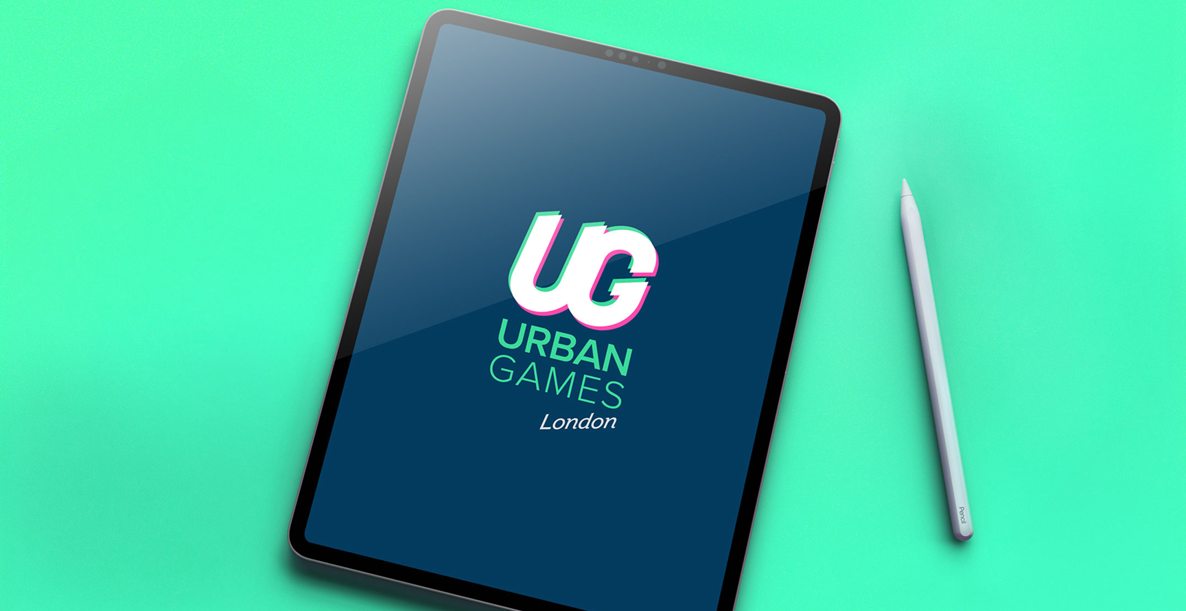 The Urban Games lockup shown on an iPad - chromatic UG mark above URBAN GAMES with London signature, on teal