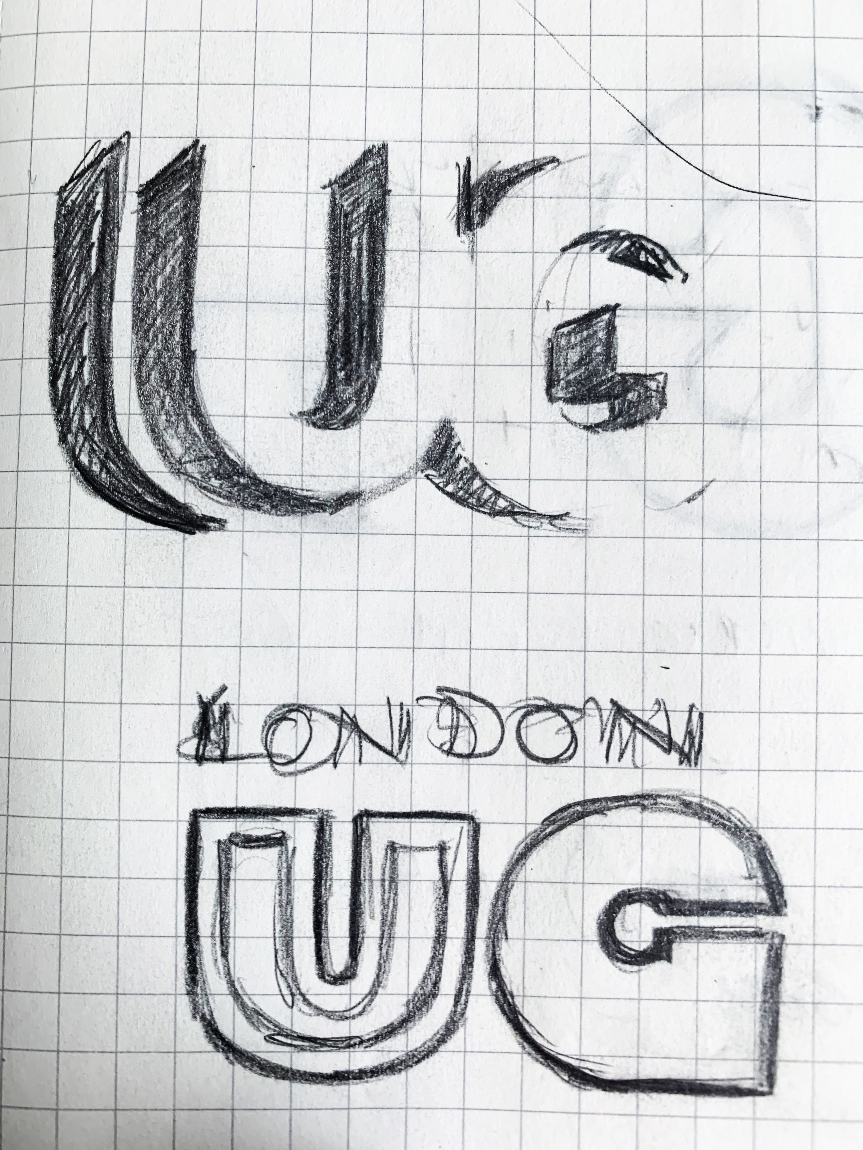 Early letterform sketches on graph paper - UG explorations and London signature studies